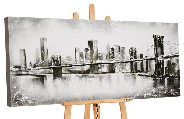 Handgemaltes Bild Brooklyn Bridge – Schwarz Weiß Silber mit Goldakzenten