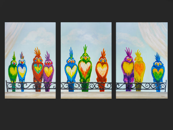 „Lustige Vögel“ – farbenfrohes Vogelbild als Triptychon