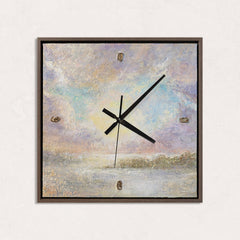Ausgefallene Wanduhr lautlos – Handgemalter Sonnenaufgang Lavendel & Gold, quadratisch