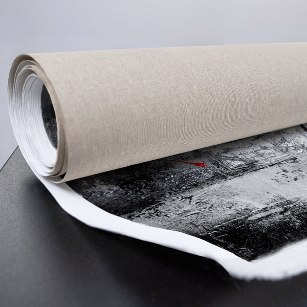 Abstraktes Wandbild mit roten Linien auf grauem Grund