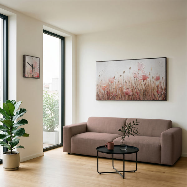 Ausgefallene Wanduhr Mohnblumen lautlos – Handgemalt Rosa & Silber auf Weiß, quadratisch