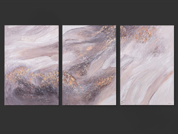 „Relax“ – abstraktes Triptychon in sanften Beige- und Grautönen