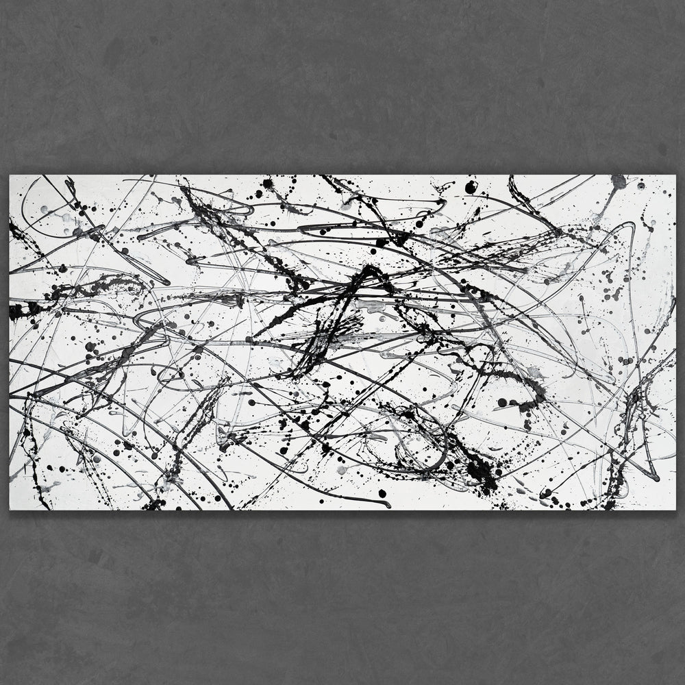 Hand-painted black and white drip art on rolled canvas