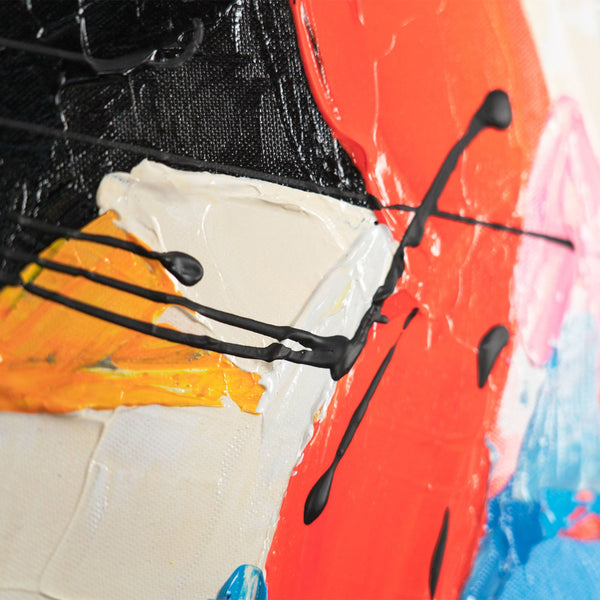 Textured acrylic paint details in red, black, and yellow