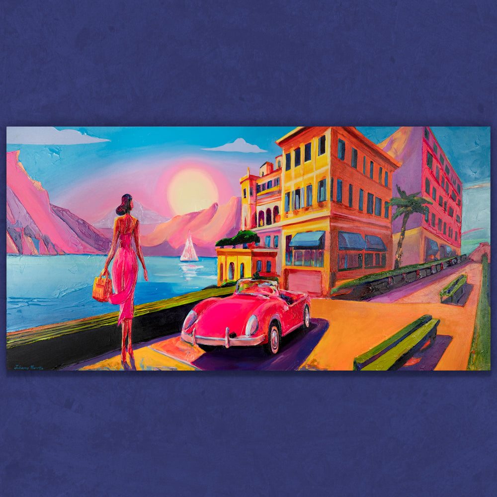 Hand-painted coastal art on rolled canvas, unframed