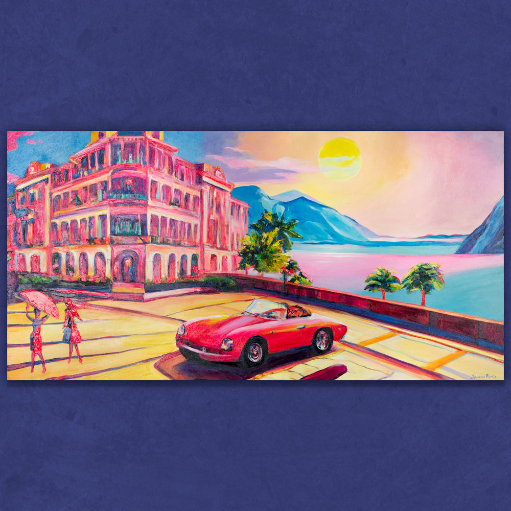 Handgemaltes Acrylbild „Sommerkurort“ mit Hotel, Frau & Küstenblick