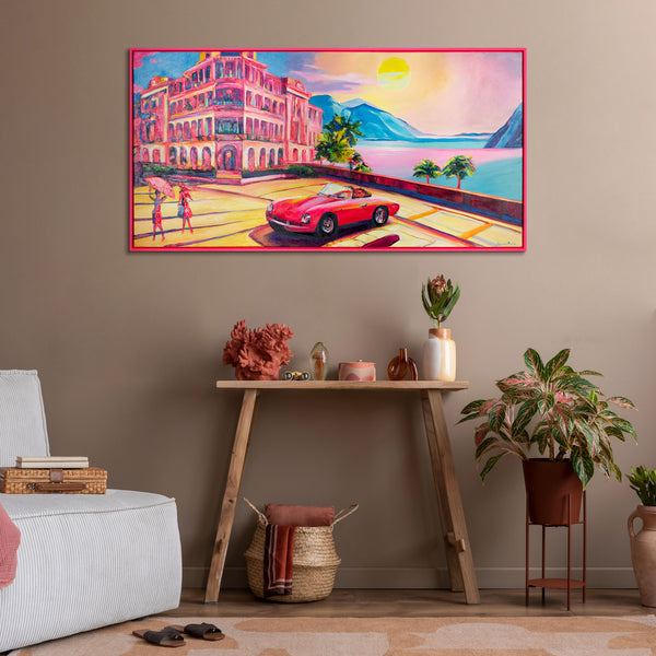 Acrylgemälde mit Hotel und Oldtimer als farbenfrohe Wanddeko im Wohnzimmer