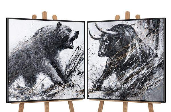Diptychon Bulle und Bär moderne Wandkunst Acrylmalerei
