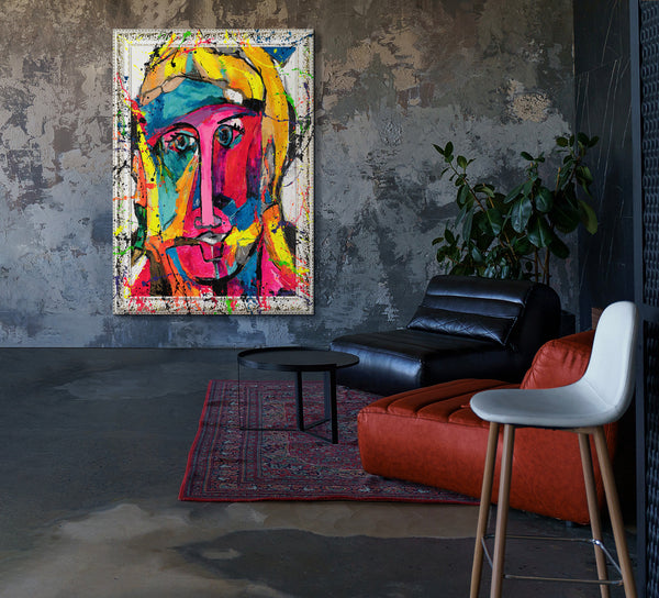 Handgemaltes Acrylbild Gesicht Struktur Relief Nahaufnahme