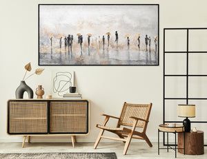 Abstract Figure Painting – Hand-Painted People with Golden Umbrellas on Canvas