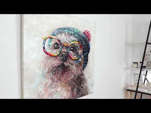 Buntes handgemaltes Tierporträt auf Leinwand – Moderner Hund mit Brille für das Wohnzimmer