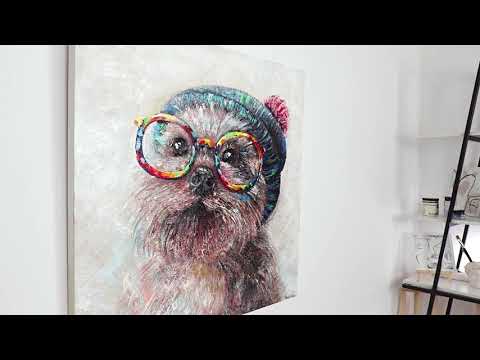 Buntes handgemaltes Tierporträt auf Leinwand – Moderner Hund mit Brille für das Wohnzimmer