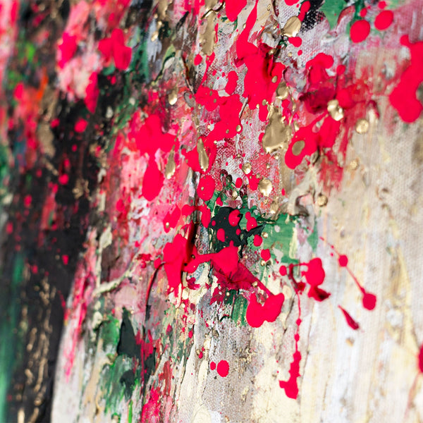 Rote Farbspritzer abstrakte Acrylkunst Nahaufnahme Detail